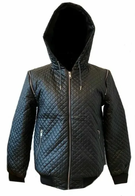 Mens Quilted Jacket Padded Leather Look Hooded Lightweight Black Eclipse