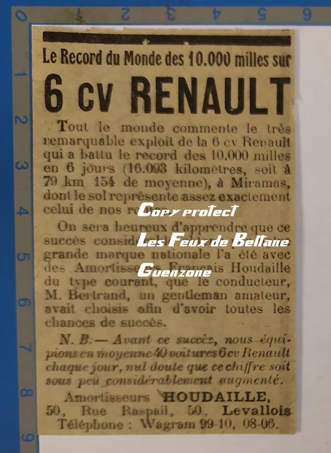 HOUDAILLE RECORD 6CV RENAULT 10000 miles advertising 1926 advert shock absorbers
