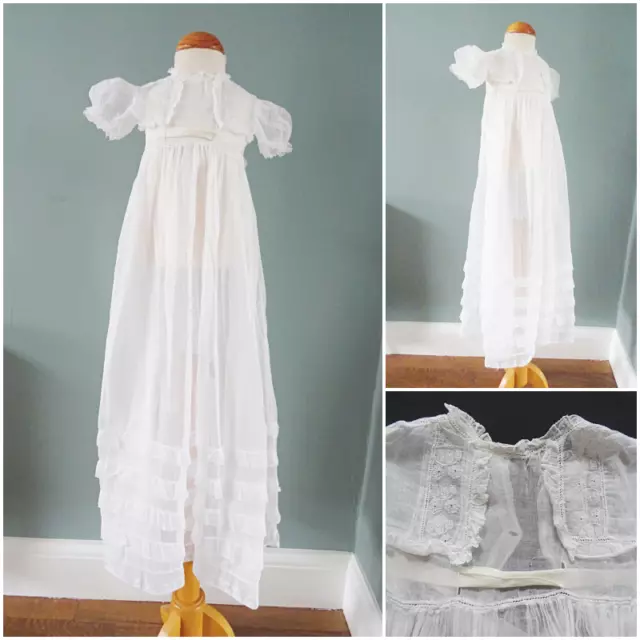 Antique Christening Dress Gown Girls Edwardian White Muslin Embroidered Floral