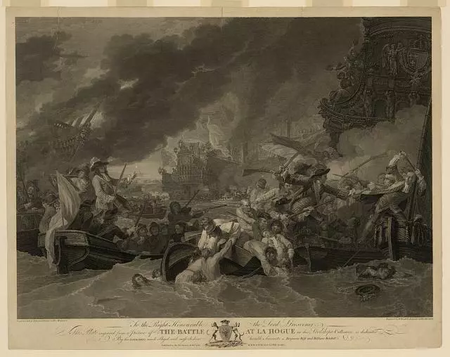 The Battle at La Hogue,Barfleur,France,English Channel,Combat in Row Boats,1781