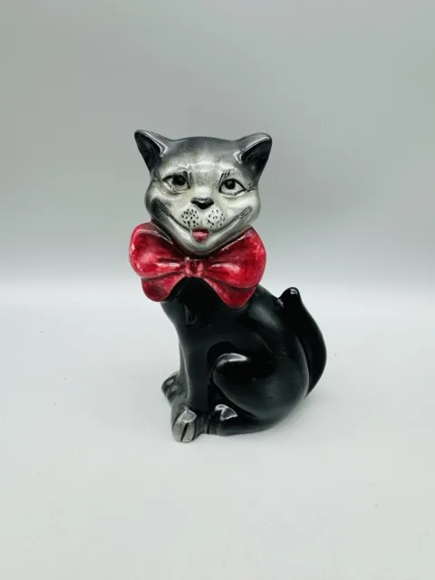 Vintage Kitsch Ceramic Grinning Black Cat With Red Bow Figurine Ornament