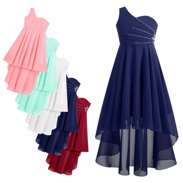Girls Party Junior Ball Gown Ruched Dress High-Low Chiffon Beaded Kids Flower