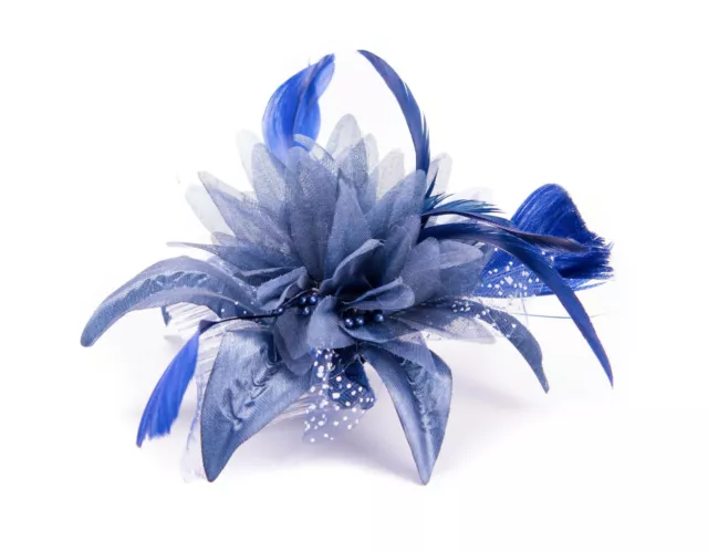 Ladies Navy Blue Feather Comb Fascinator Weddings Races Royal Ascot Hair Piece