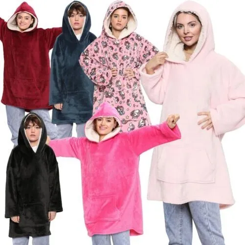 Unisex Men Ladies Oversized Hoodie Plain Snuggle Blanket Super Soft Warm Fleece