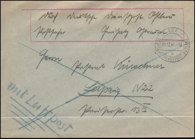 Deutsche Dienstpost Ostland Riga Brief RIGA 5.12.1941 nach Leipzig
