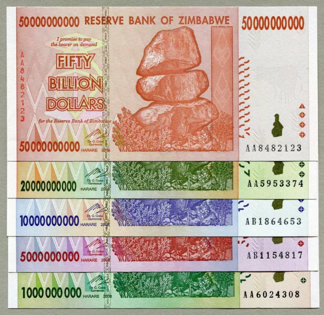 Simbabwe 50 20 10 5 1 Billion Dollar Banknoten 2008 voller Satz UNC neue Scheine
