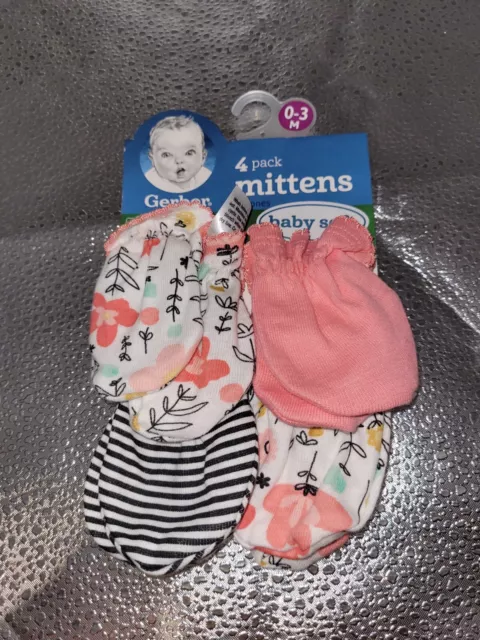 Gerber Baby Girls 4 Pack Cotton Mittens Size 0 - 3 Months New