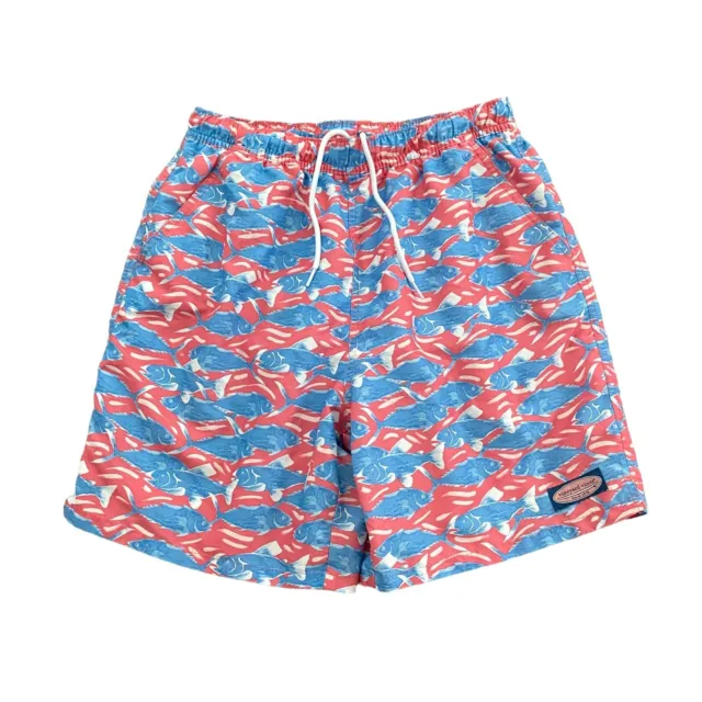 Vineyard Vines Swim Trunks Shorts Men's Medium Pink Blue Fish Lined Board Shorts