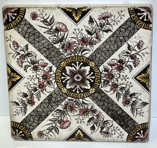 Antique 6” Victorian Tile Pink Flower.