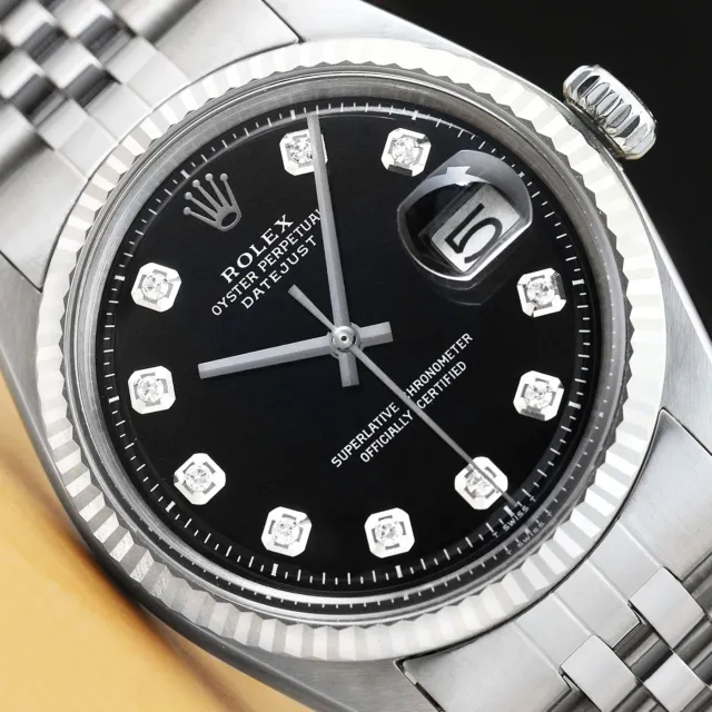 Mens Rolex Datejust 18K White Gold & Stainless Steel Black Diamond Dial Watch