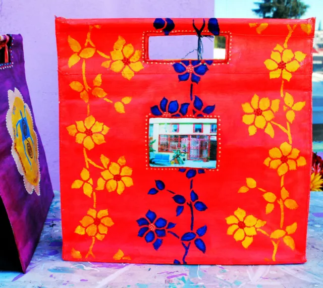 Handpainted Customized TOTE Neon Orange BAG Floral Original Photo Wooden Handles