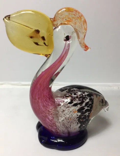 VINTAGE ART GLASS  PELICAN WITH FISH Murano Style Hand Blown
