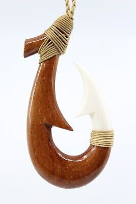 Hawaiian Koa Wood Fish Hook Necklace - Hand Carved Buffalo Bone w/ Koa, Large