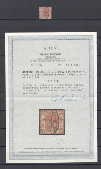 SACHSEN, 1850 Sachsendreier 1 a gestempelt, Attest, (36535)