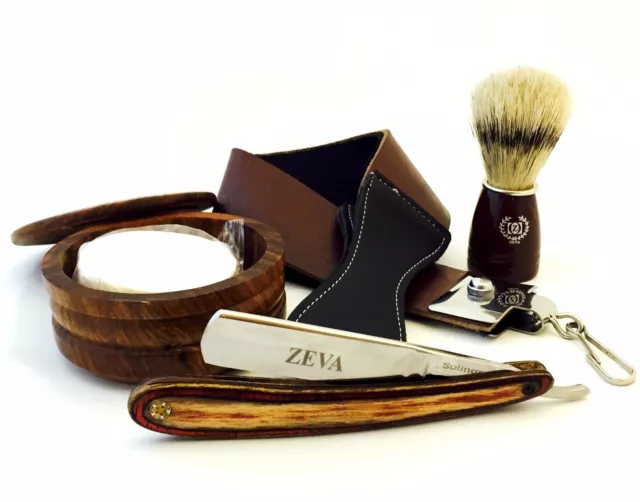 Classic Wooden 5 Pc Cut Throat Men's Straight Edge Razor Shaving Set/Kit