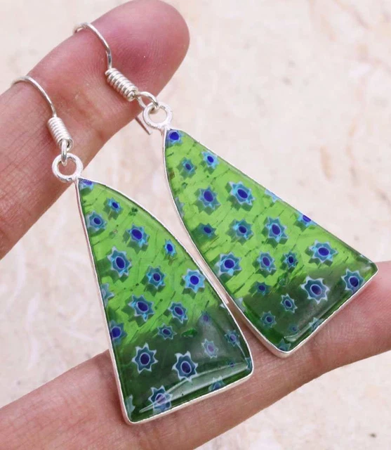 Dichroic Glass 925 Silver Plated Handmade Earrings of 2" Ethnic Gift