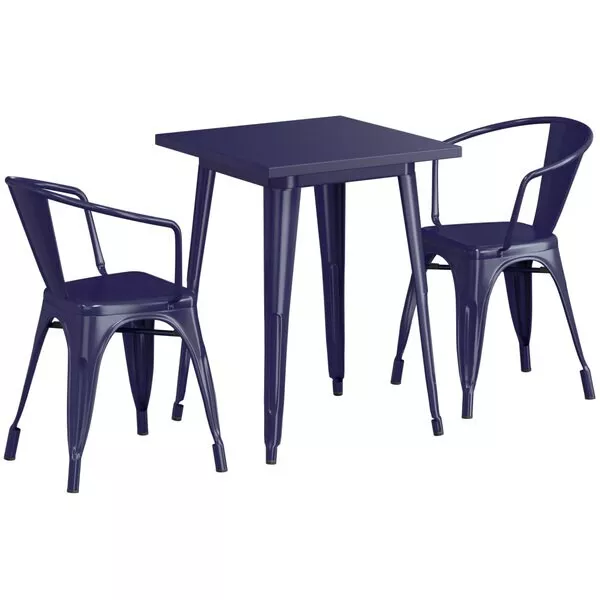 23.5'' Square Navy Metal Restaurant Table Set with 2 Armchairs For Outdoor Use