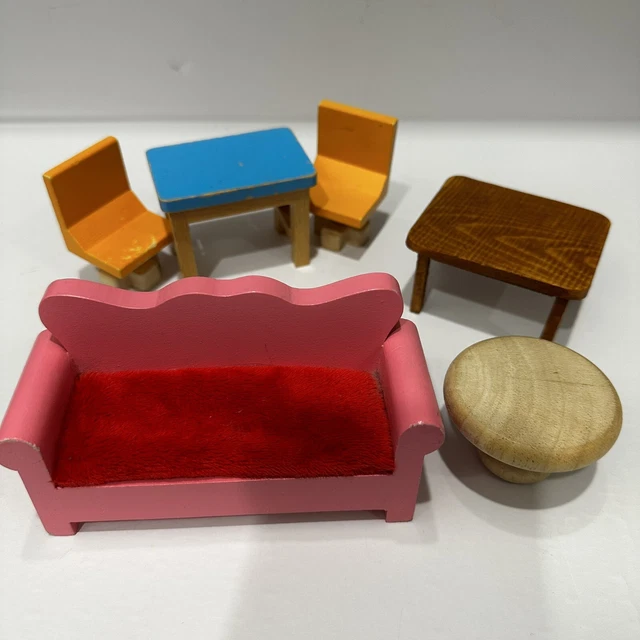Vintage Handmade Wood Dollhouse Furniture-sofa, 2 Chairs & 3 Tables