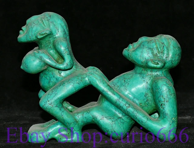 8" Old China Hongshan Culture Turquoise Dynasty Men and Women Make Love Statue