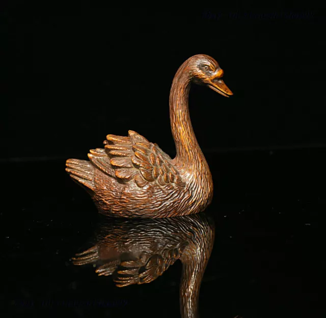 Chinese Folk Collect Boxwood wood FengShui Carve swan goose animal Statue