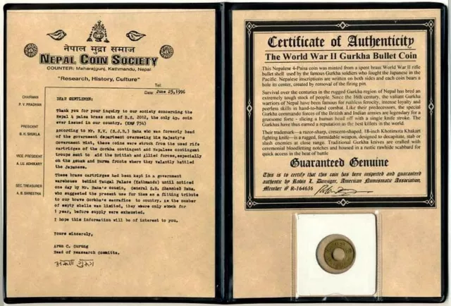 Nepal World War II Gurkha Bullet 4 Paisa Brass Coin COA & History & Album Incl.