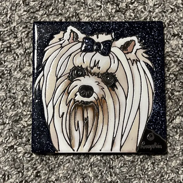 Yorkshire Terrier Dog  w/ Bow Painted Tile by Pumpkin Tile - 6 x 6"