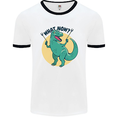 T-Rex What Now Funny Dinosaur Mens White Ringer T-Shirt