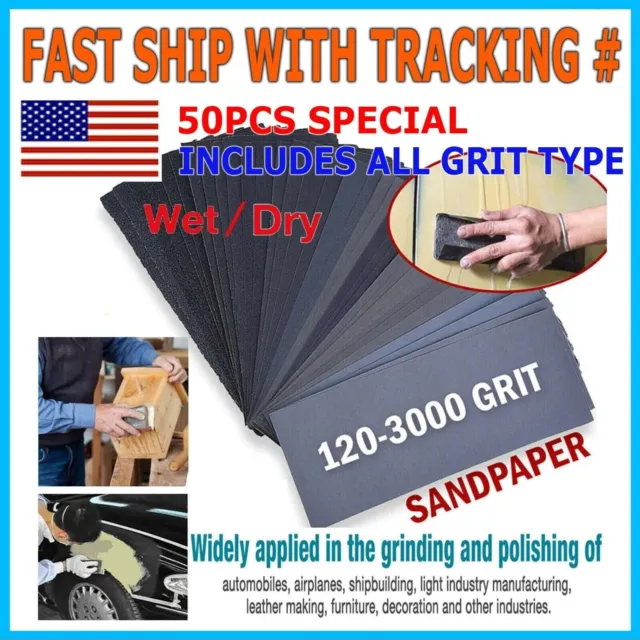 50 Pcs Sandpaper Sand Paper Sanding Sheets Assorted Auto Wet Dry Wood Car Metal