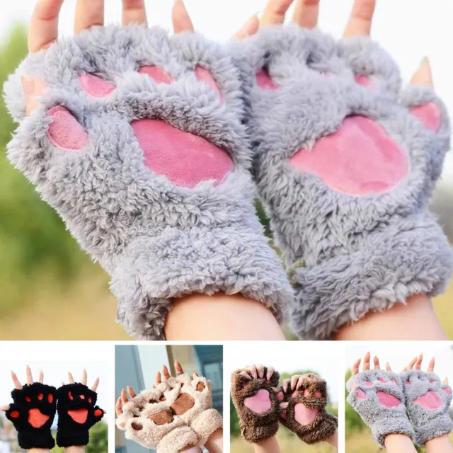 Half Finger Gloves Winter Accessories Women's Plush Cat Paw Claw Cozy Mittens