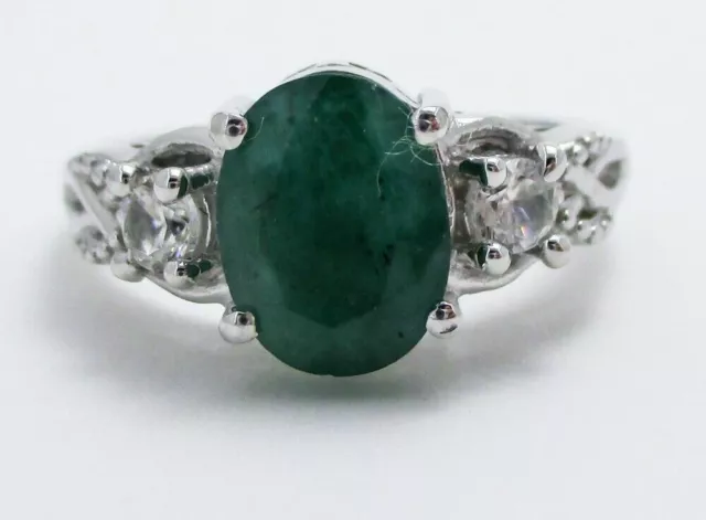 Estate Sterling Silver 925 Natural 2ct Emerald & White Topaz Ladies Ring 3.7g