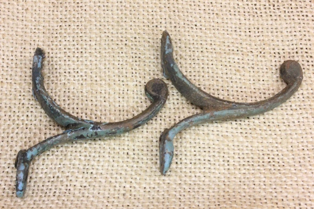 2 Old Single Coat Hooks Farm School House Wardrobe Blue Paint Vintage 1850’s  2”