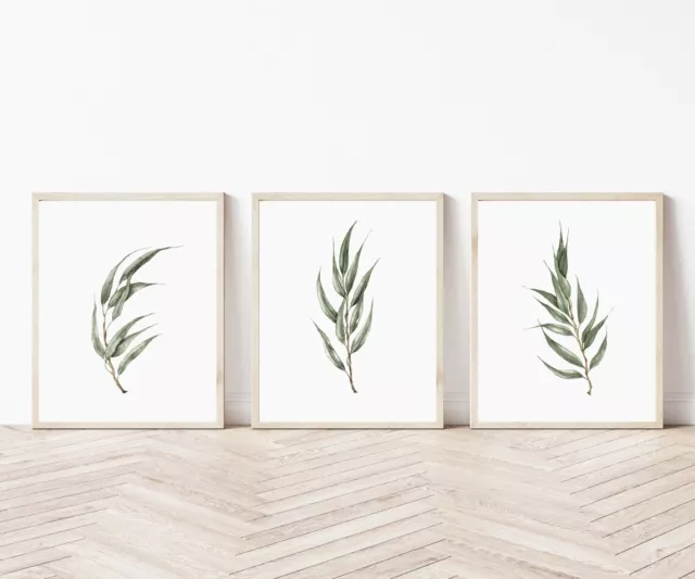 Set of 3 Botanical Wall Decor, Green Leaves Poster, Watercolor Leaves Wall Art