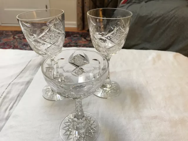 3 HAWKES Queens Cut Glass brilliant stem water goblet glasses (2) sherbet (1)