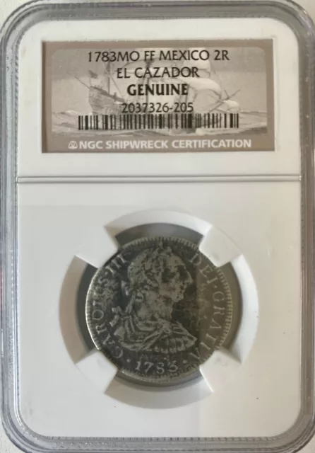 1783MO FF Mexico 2 Reale Shipwreck El Cazador NGC Certified Genuine Full Date