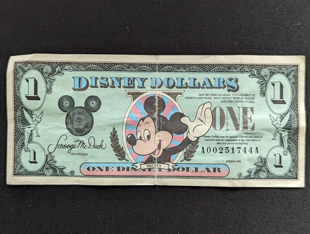1990 $1 A Series Disneyland Disney Dollars Mickey Mouse Serial #A00251744A