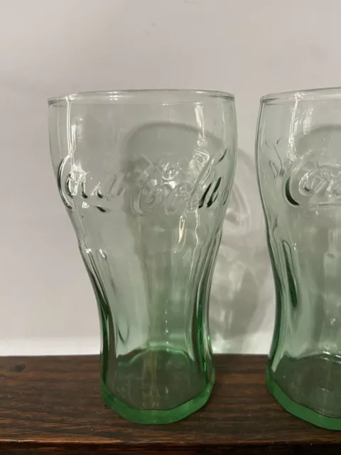 Vintage Small Green Glass COCA COLA Cups 4.5 INCH Mini Juice Shot Set of 2 3
