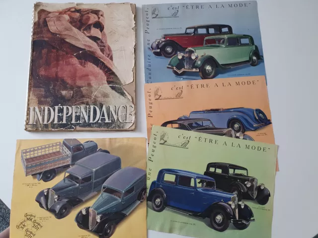 Plaquette Publicitaire Peugeot Independance 1933 + 4 fiches  PEUGEOT 201 et 301