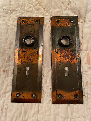 Early 1900's Copper Flash / Japanned 2 1/4" x 7" Door Knob Backplates, Free S/H