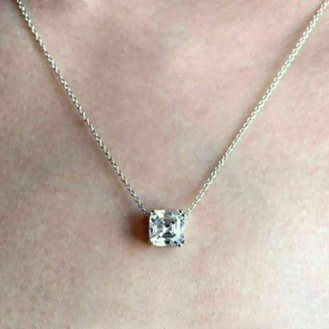 2 Ct Asscher Cut Diamond Solitaire Pendant 18 "Necklace 14k White Gold Finish