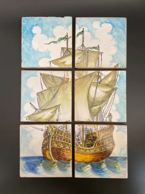 Hand Painted Caravel Sailing Ship Polychrome Portuguese Azulejos 6 Tiles Mural