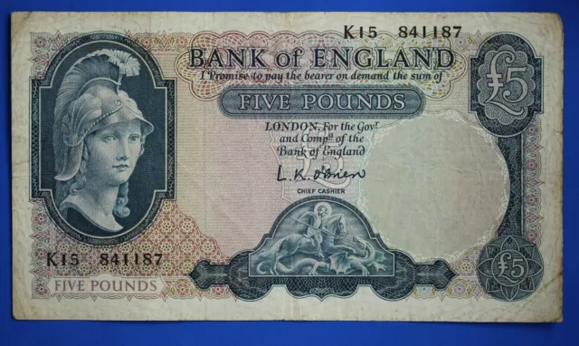 1961 Bank of England, BOE Five pounds, O'Brien, Prefix "K15" £5 banknote [23502]