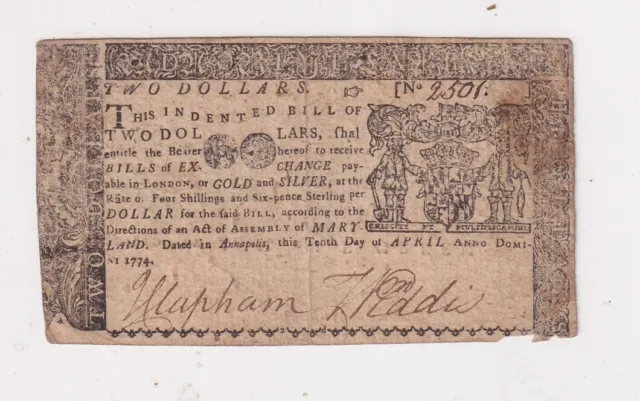 1774 Usa Colonial $2 Banknote, Maryland S977  M11