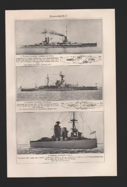 Lithografie 1927: Linienschiffe I/II. Schiffe Friedrich der Große Resolution