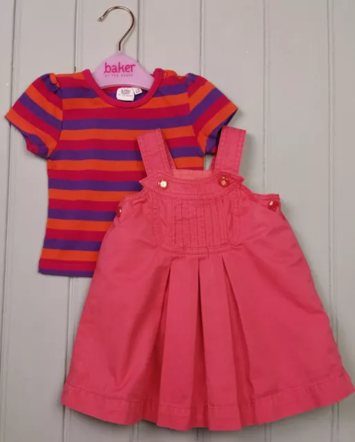 TED BAKER Baby Girls Fully Lined Pinafore Dress & Striped T-Shirt 3-6 Months VGC