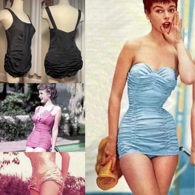 Vtg 40s 50s Pin Up Ruched Boned Swim Sun Play Bathing Suit XL 42 /34/48 Metalzip