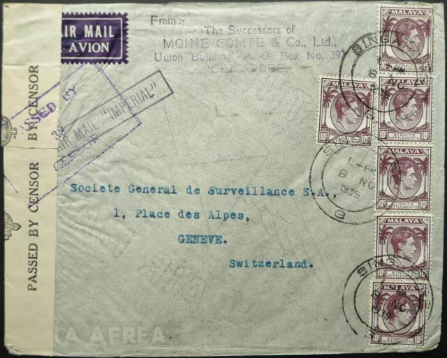 Malaya 8 Nov 1939  Wwii Censored Airmail Cover From Singapore To Switzerland