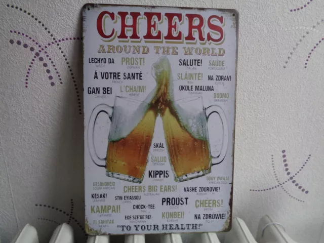 Tole Metal Biere Cheers A Votre Sante 20 X 30 Cms Non Plaque Emaillee Ancienne