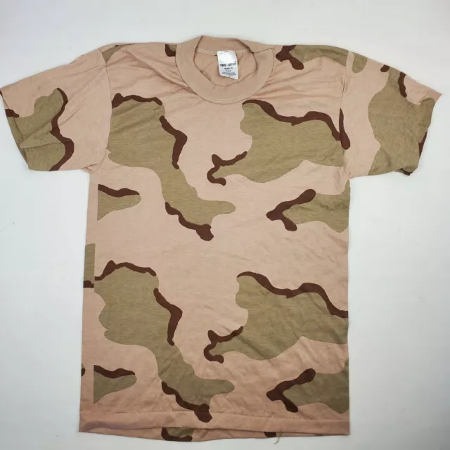 Camiseta militar vintage Tru-Spec puntada única camuflado desierto 3 colores talla S nuevo de lote antiguo