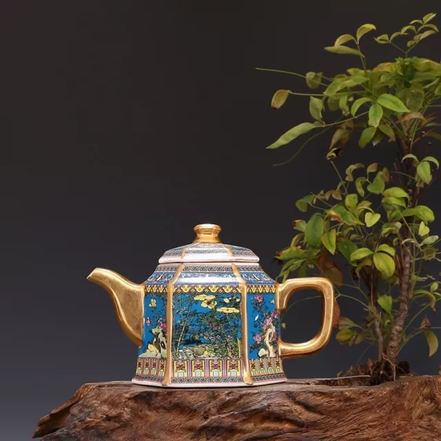 Beautiful Qing Dynasty Style Blue Chinese Teapot with Qianlong Enamel