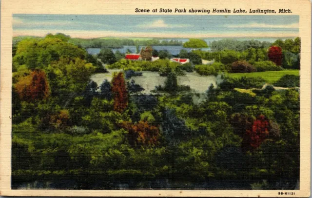 Vintage Michigan MI Postcard 1950 Scene at State Park Hamlin Lake Ludington